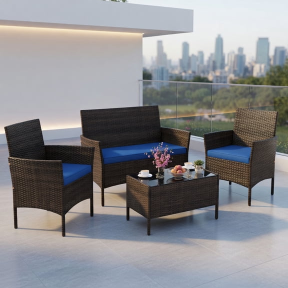Resenkos 4-Piece Outdoor Rattan Patio Conversation Set with Plush Navy Seat Cushions – PE Wicker Loveseat, Chairs & Tempered Glass Coffee Table for Backyard, Poolside & Porch
