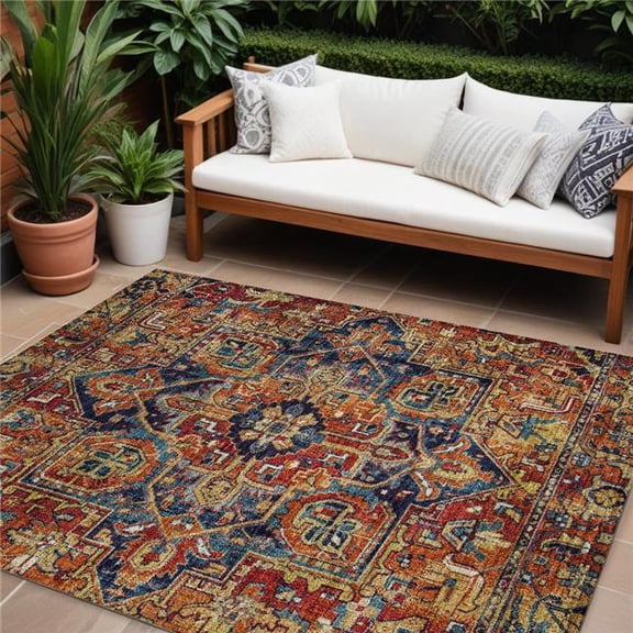 HomeRoots 563789 10 x 14 ft. Red Orange & Blue Oriental Washable Non Skid Indoor Outdoor Rectangle Machine Woven Area Rug