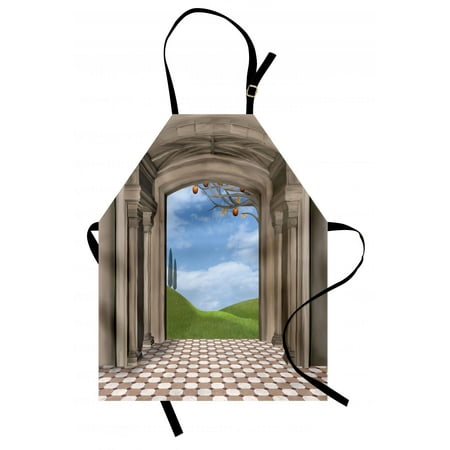 Countryside Classics Country Apron Classic Architectural Entrance Illustration with Backdrop of Countryside Landscape, Unisex Kitchen Bib Apron with Adjustable Neck for Cooking Baking Gardening, Blue Green, by Ambesonne ()