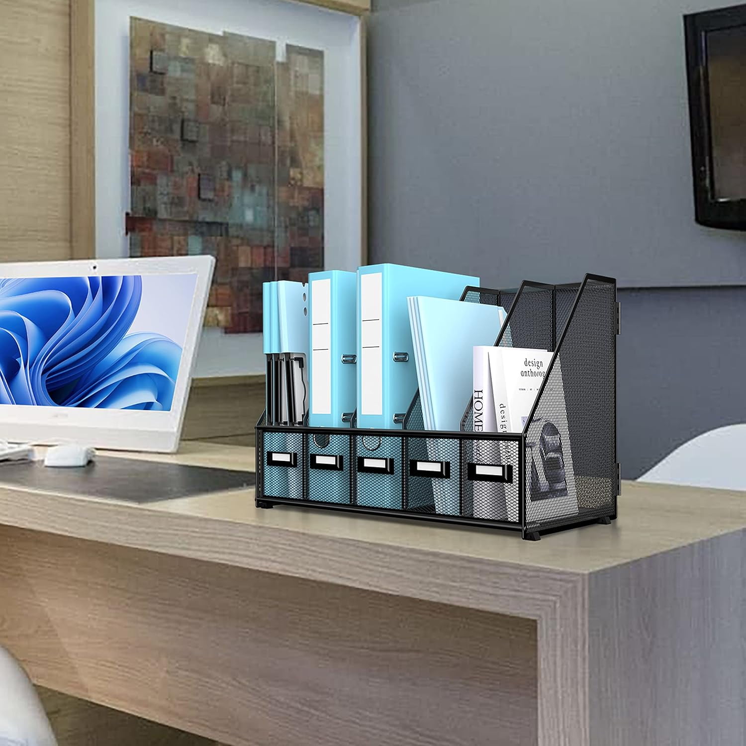 INTIGE Desktop Organizers with 5 Vertical Compartments Rack, File Storage for Office, Home Workspace, Black Plus