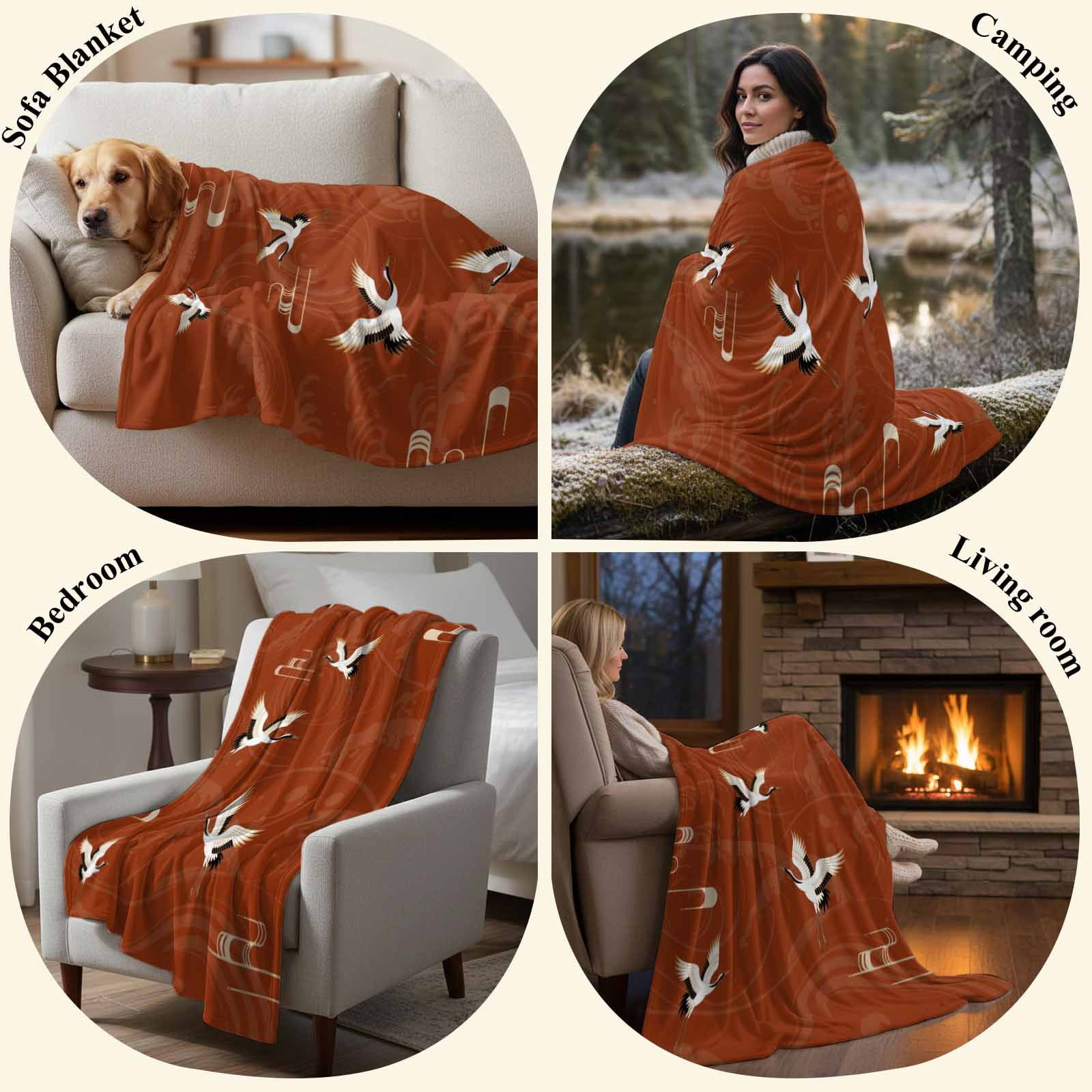 Japanese Style Blanket Soft Cozy Warm Throw Blanket for Couch, Plush Fuzzy Flannel Fleece Blankets for Sofa, Vintage Art Cranes Ocean Wave Red Bed Blankets Lightweight Gifts for Women, 50"x80"