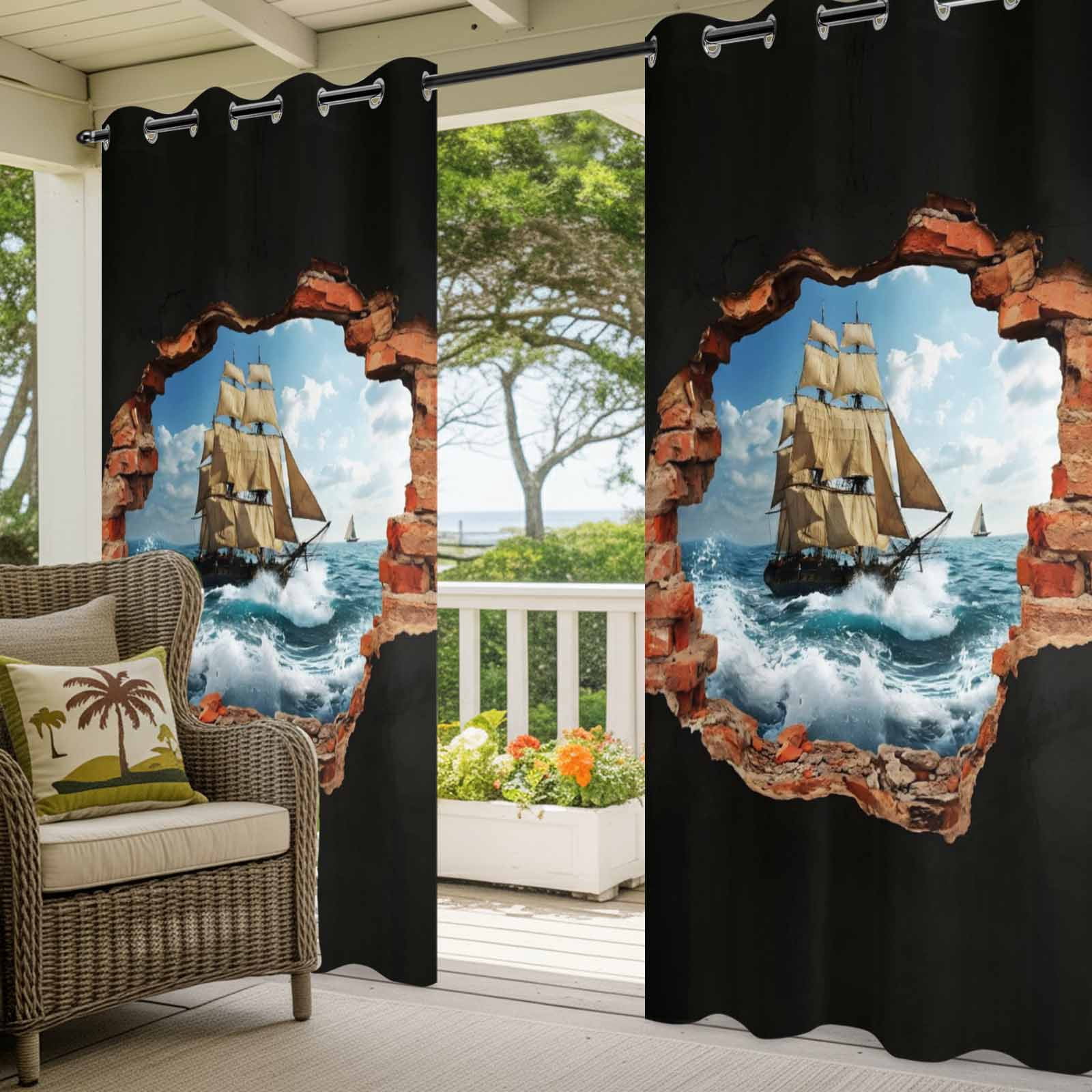 Sailing Ship Outdoor Curtains for Patio, Art Romantic Broken Brick Vintage Vessel Ocean Wave Sunshade Privacy Drapes Grommet Waterproof Outside Curtains for Porch/Cabana/Balcony 54"x 108", 1 Panel
