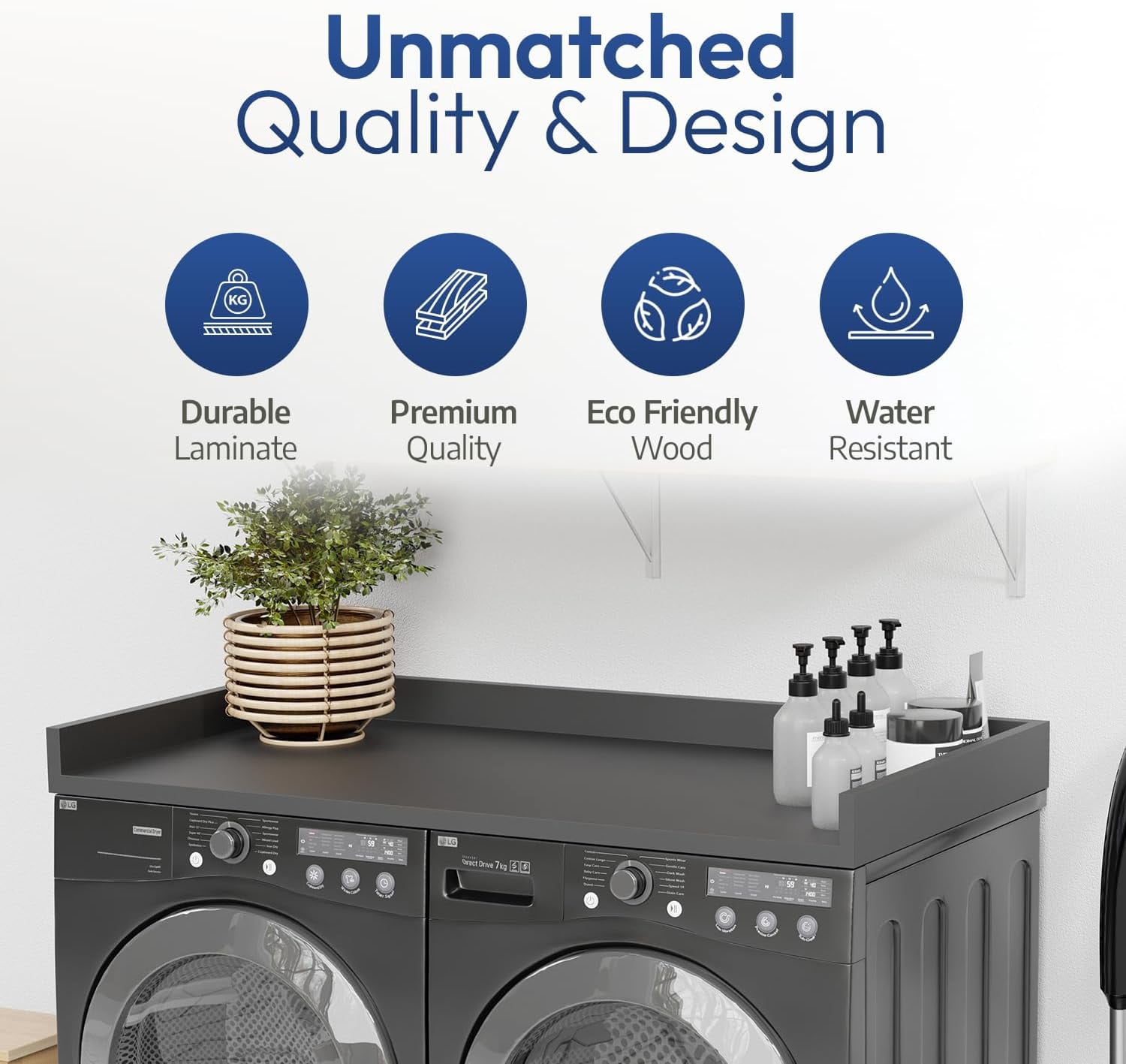 OfficeSimpli Washer Dryer Countertop w Non-Slip Pads, Made in USA, Laundry Room Wood Topper, Washer Dryer Cover for Top, Laundry Guard, Laundry Countertop, Laminate Finish (Slate Grey)