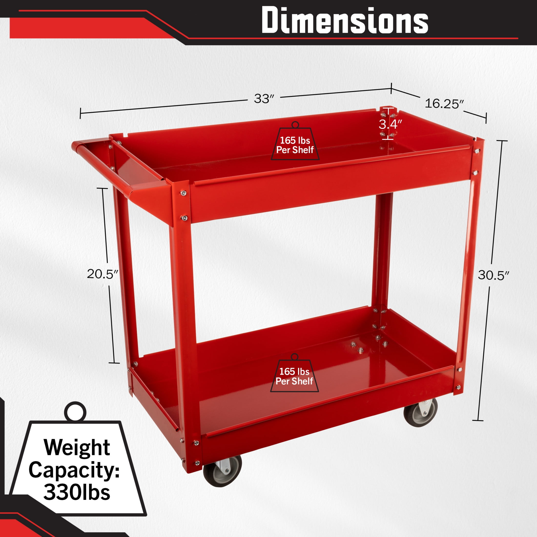 Stalwart Tool Cart - 2-Tier 330lb Capacity Rolling Utility Cart with Wheels