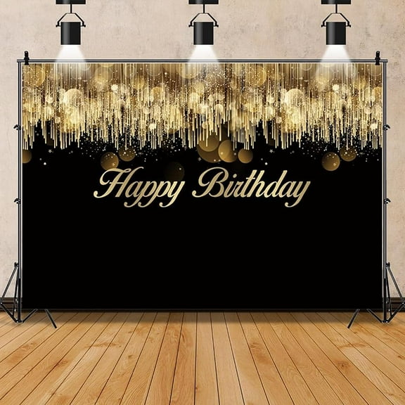 7x5FT Black Gold Happy Birthday Beautiful Backdrop for Women Men Happy Birthday Photography Background Gold Glitter Chandelier Party Decorations Banner Cake Table Decor Photo Studio Props