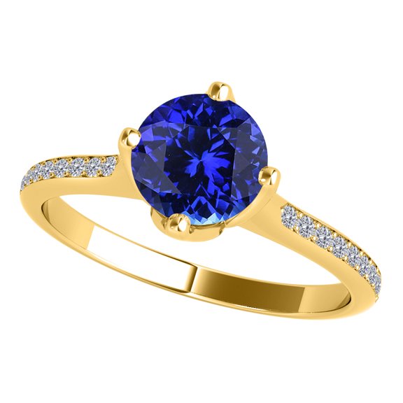 AoneJewelry 10k Yellow Gold Gemstone and Diamond Cathederal Style Ring With 1 Cttw (I-J, I1-I2) Round Shape Tanzanite and Natural Diamonds