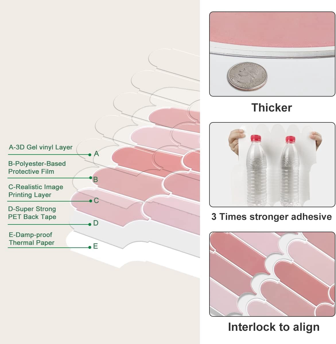 Clever Mosaics Peel and Stick Backsplash Pink Tile Premium Vinyl Feather Tile 12"x 12" (10 tiles)