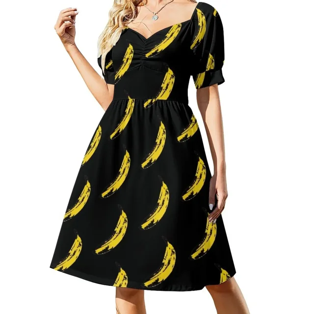 Vestido de noche rojo de manga corta con estampado de plátano amarillo grande para mujer, vestido de verano para mujer, vestido de noche para mujer.