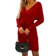 thumbnail image 3 of Women'S Long Sleeve Bodycon Sweater Dress V Neck Cable Knit Slit Midi Dresses with Belt Wine Red L, 3 of 10