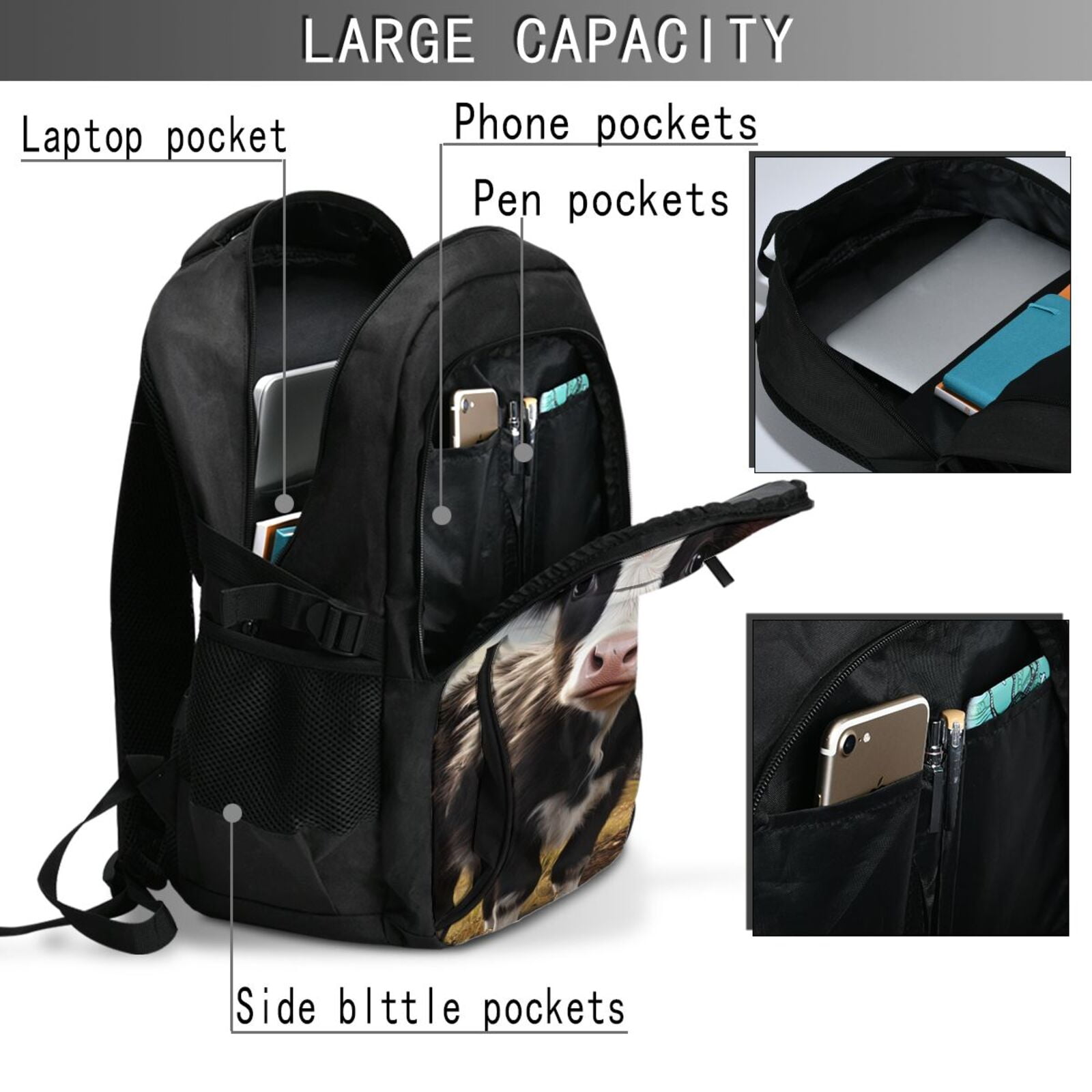 Ratiio Cute Prairie Cow Print Travel Laptop Backpack,Slim Sturdy Laptops Backpack with USB Charging Port, Water Resistant College School Computer Bag