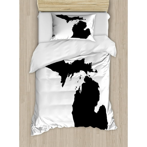 Michigan Duvet Cover Set Twin Size, Abstract Black Silhouette Map of Michigan Geography Cartography Themed Print, Decorative 2 Piece Bedding Set with 1 Pillow Sham, Black and White, by Ambesonne