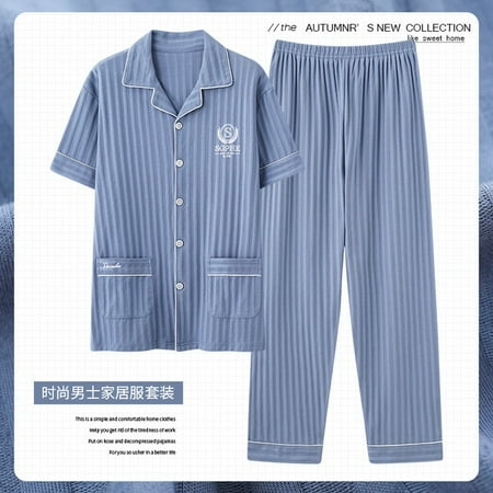 

QWZNDZGR L-5XL Summer Elegant Pyjamas Knited Cotton Men s Pajamas Sets Long Pants Sleepwear Pyjamas Night Pijamas Plus Size Homewear PJ