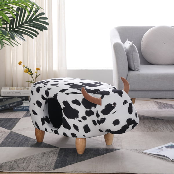 Animal storage stool for kids, ottoman bedroom furniture, cow style kids  footstool, cartoon chair with solid wood legs, decorative footstool for  office, bedroom, playroom, living room 