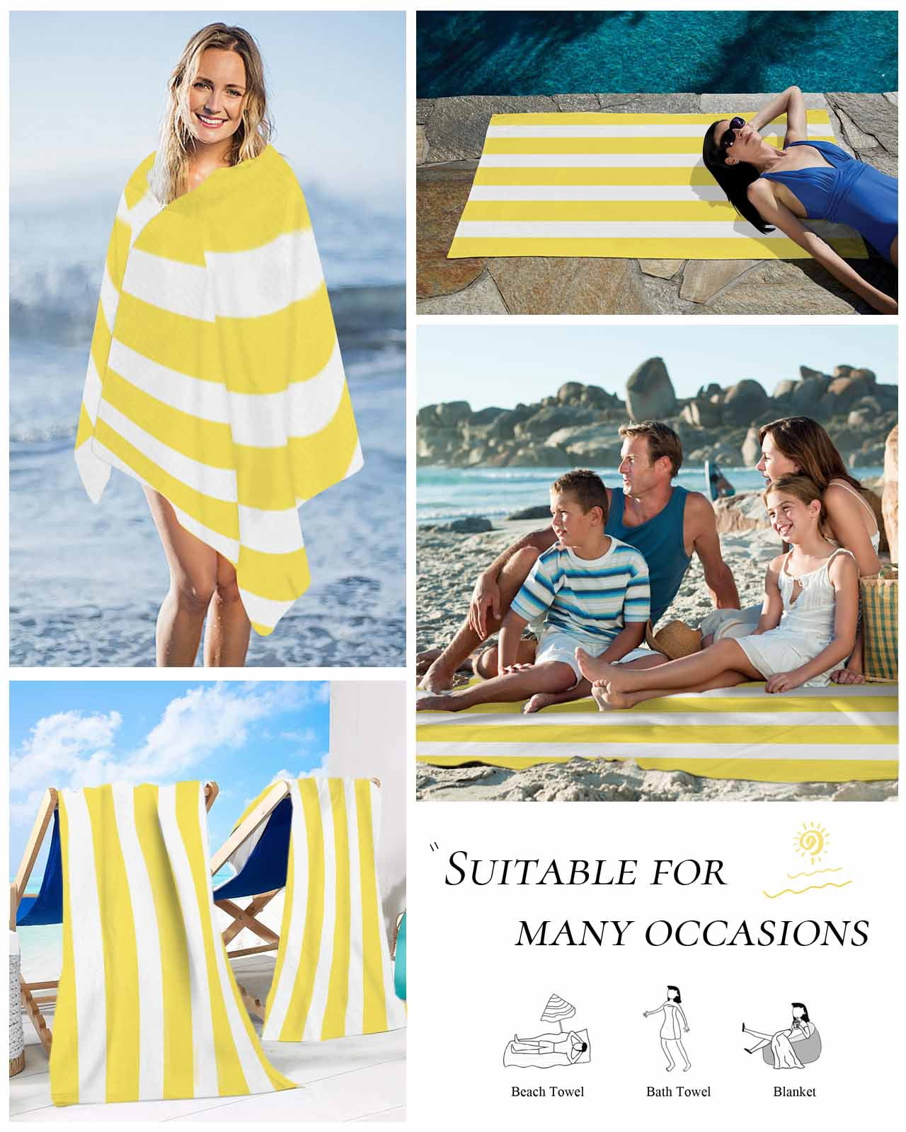 Yellow Striped Beach Towels Oversized Super Absorbent, Modern Simple Monochrome Geometric White Lightweight Bath Towel Quick Dry Sets For Bathroom/Pool/Rv Camping/Beach Play/Gym Room/Picnic 31"x62"