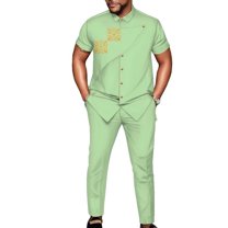 African Men Clothing Fit Dashiki Short Sleeve Shirt Pants 2 Piece Sets Embroidery Outfits Traditional African Suits for Men WYN1909