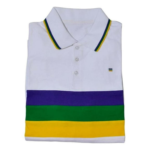 Adult Medium Mardi Gras Rugby White Purple Green Yellow Knit Short Sleeve Shirt