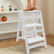 Loyalheartdy 3 Tier White Folding Step Ladder Portable Adults Wooden Anti-Slip Step Stool for Home Bathroom Max 330 lbs