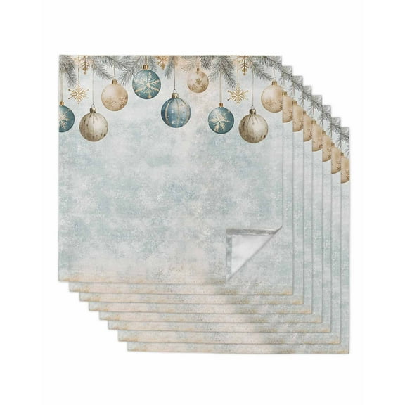 Vintage Blue Christmas Cloth Napkins Set of 8, Xmas Balls Snowflake Washable Reusable Dinner Cocktail Napkin for Kitchen Party Wedding Banquet Holiday Baby Shower Table Decor