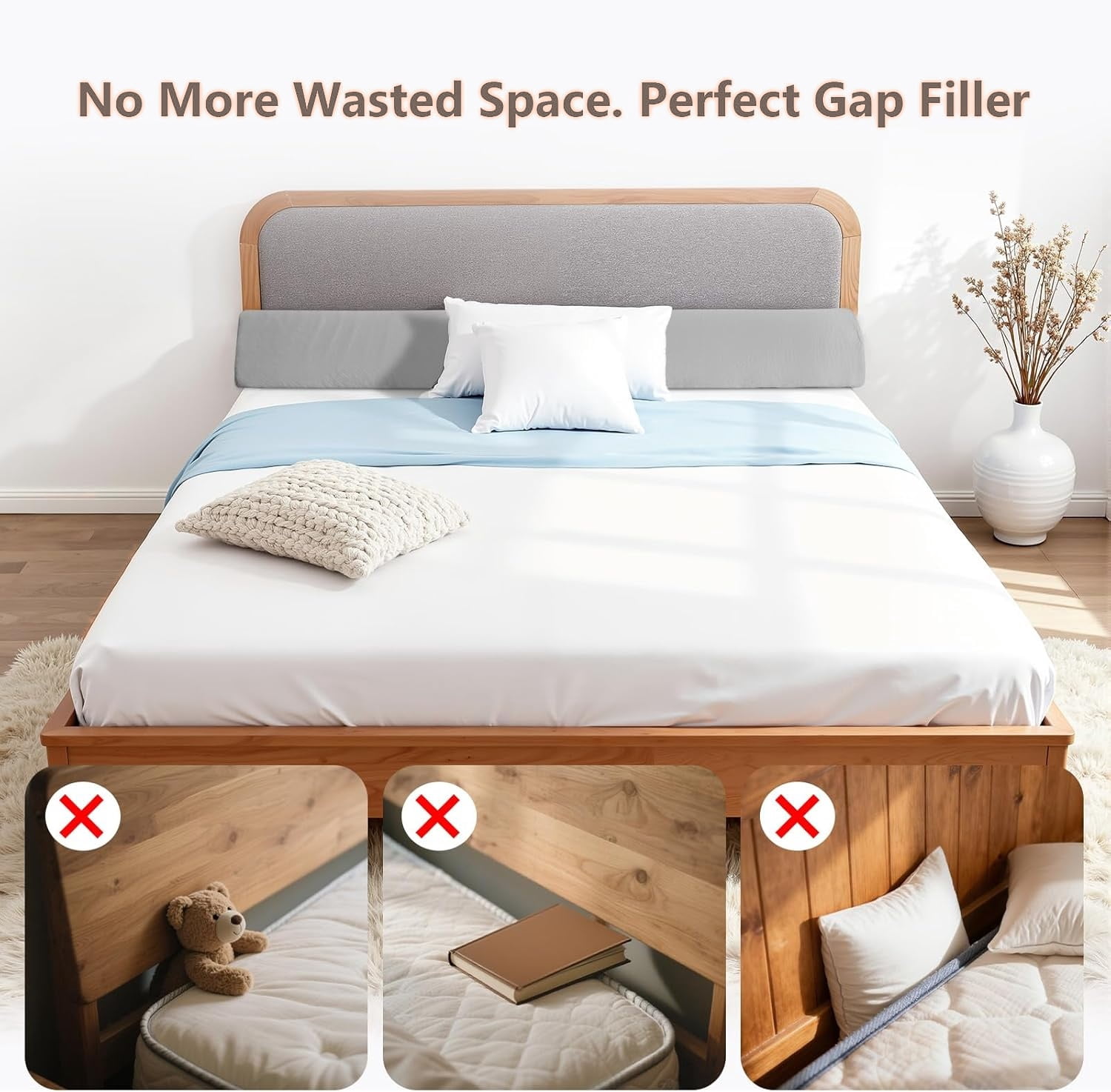 Bed Wedge Pillow for Headboard, High-Density Foam Fills Gaps Between Mattress and Headboard, Queen Size Wedge Pillow with Side Pockets for Phone and Remotes, Removable Washable Cover