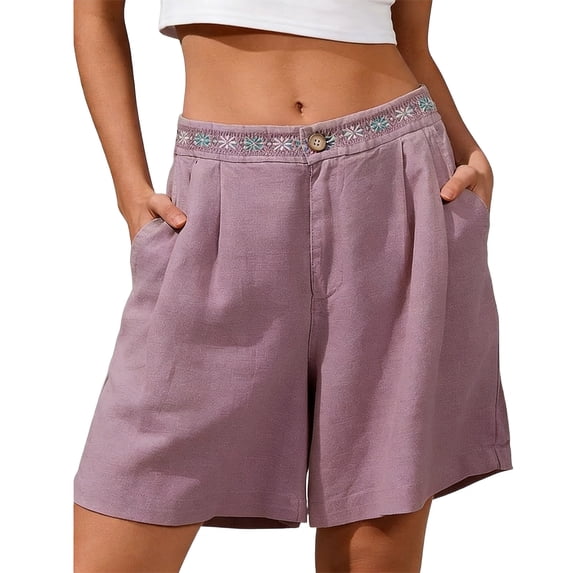 Hueook Bermuda Shorts for Women Loose Fit Shorts ladies Summer Loose Casual Embroidered Shorts Purple XL