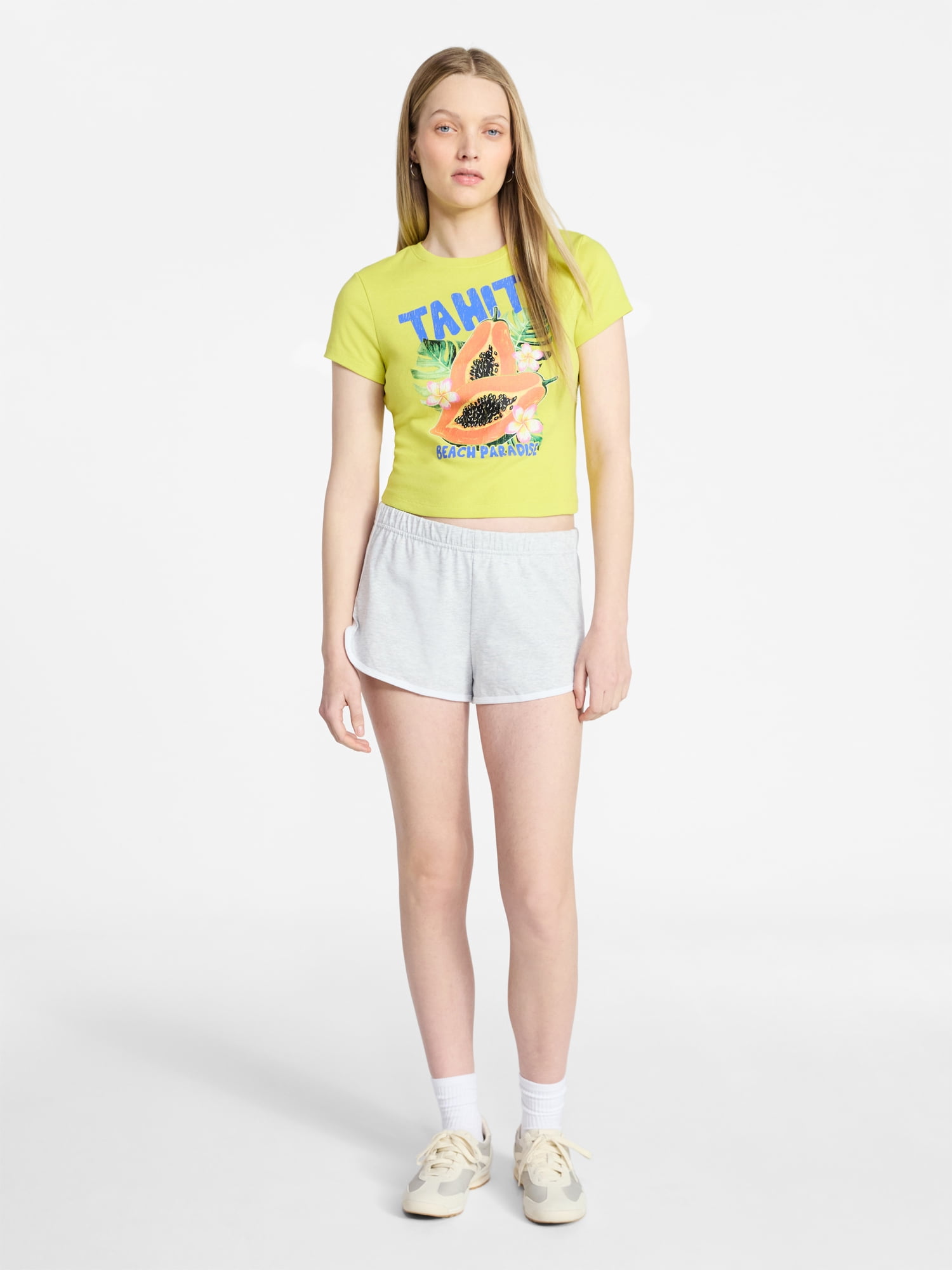 No Boundaries Ribbed Cotton Graphic Baby Tee with Short Sleeves, Women's XXS-XXL