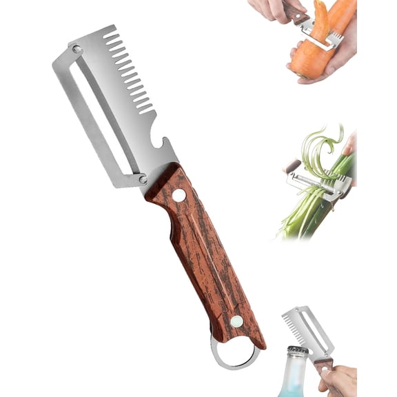 4 in 1 Multi-functional Vegetable Peeler with Wooden Handle,Stainless Steel Wide-blade Bottle Opener