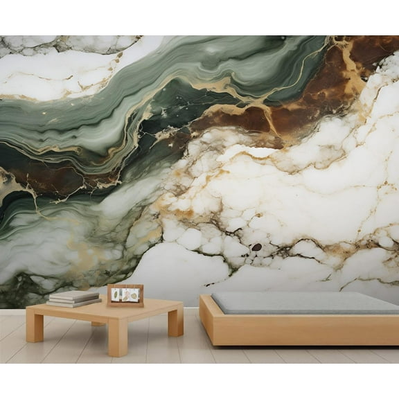 Green Marble Texture 3D Wall Murals Wallpaper, Abstract Golden Rendering Texture Wall Poster Murals, Wall Painting Art Wallpaper For Living Room And Bedroom 55"W x 28"H (Not Peel and Stick)