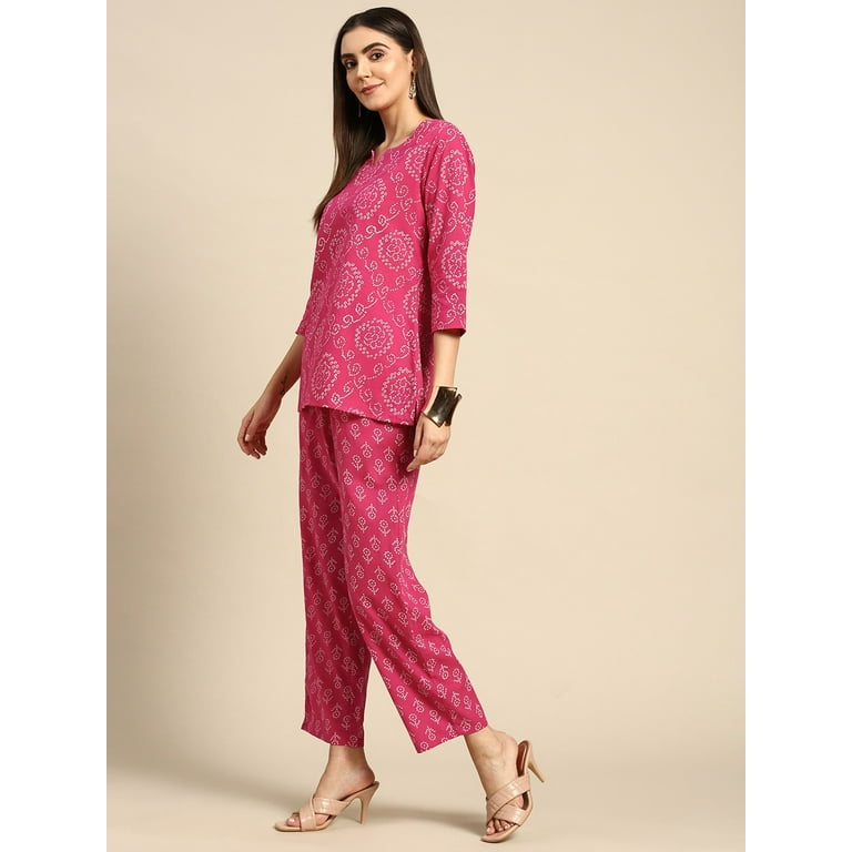 Anouk By Myntra Women Fuchsia Pink Bandhani Round Neck Kurta Set