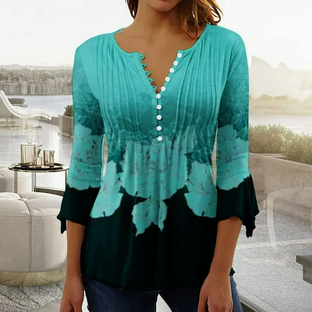 Womens Tops Ladies Top Floral Print V-Neck Short Sleeve Button T-Shirt Blue L