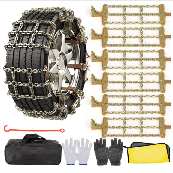 Emergency Snow Chains, Tire Chains with Thickened Manganese Steel for Car Truck SUV in Ice, Sand and Mud(6 Packs, Tire Width 195-235mm)