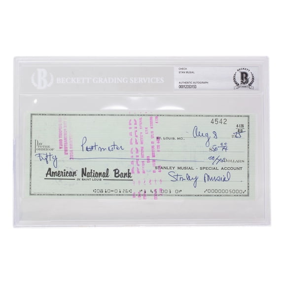 Stan Musial Signed St. Louis Cardinals Bank Check 4542 BGS