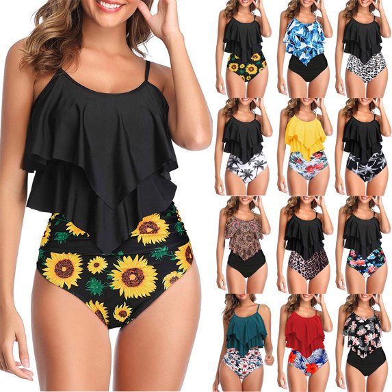Abcnature Women's Bikini Swimsuits Sets, Thong Bikini Sets High Waisted Two Piece Ruffled Flounce Top With Ruched Bottom Swimwear Bikini Sets for Women Black L