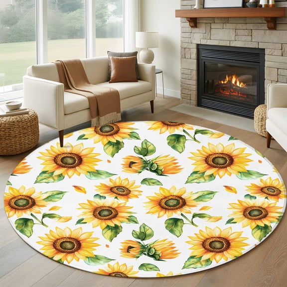 Yellow Sunflower Round Rug 5ft Washable Circle Kitchen Rugs Non Slip Country Petals Floral Summer Spring Large Area Rug Indoor Floor Carpet for Bedroom Living Room Home Office Dining Room Nursery