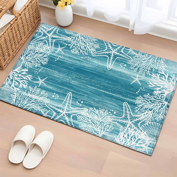 Rectangle Area Rugs 2 x 3 Ft, Teal Coastal Non-Slip Residential Carpet, Summer Ocean Sea Ombre Starfish Corals Indoor Crawling Mats Runner Rugs for Living Room/Dining Room/Bedroom
