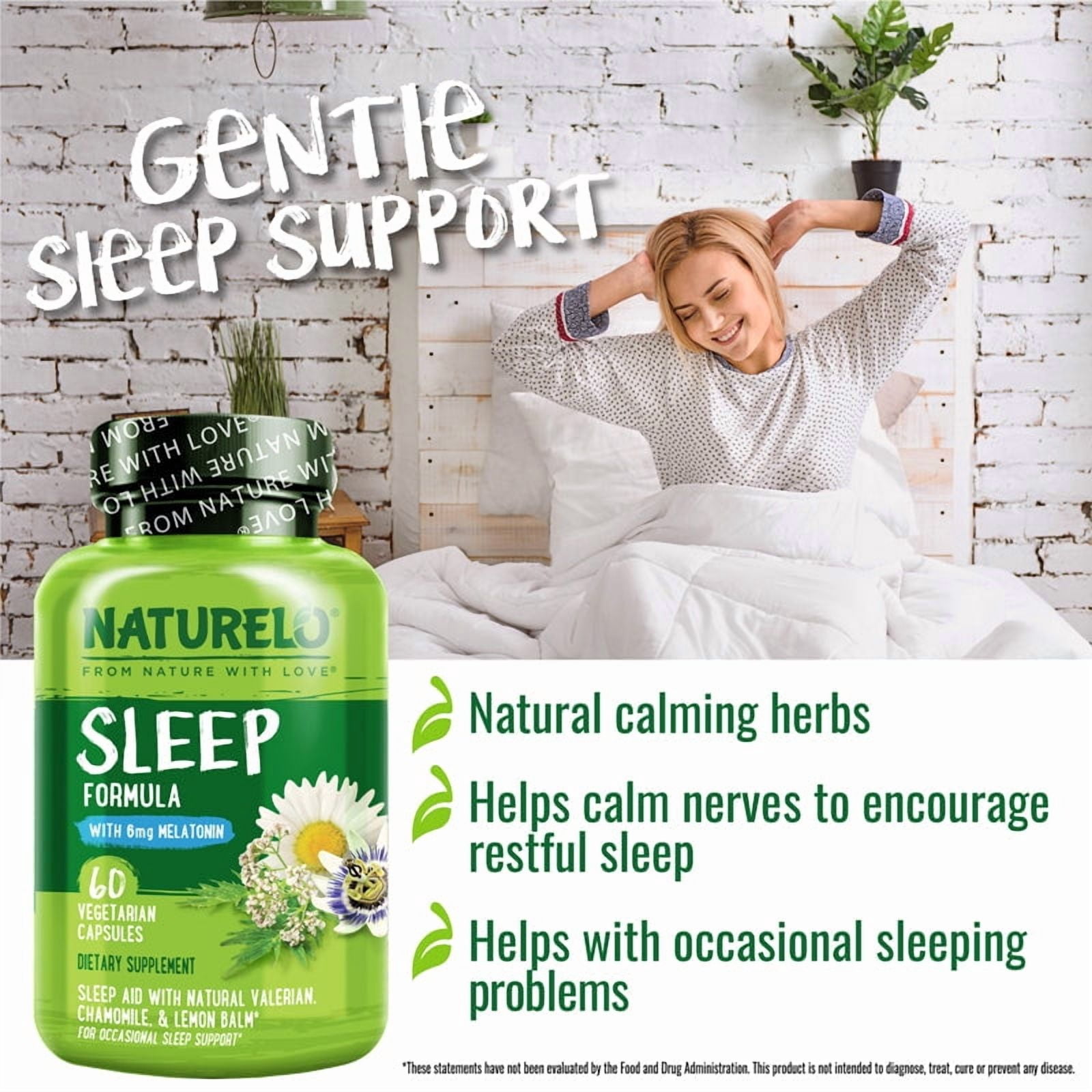 NATURELO Sleep Aid - with Melatonin, Magnesium, GABA, Valerian Root, Lemon Balm, Chamomile Herbal Extracts - Plant-Based Sleeping Aid - 60 Vegan Capsules
