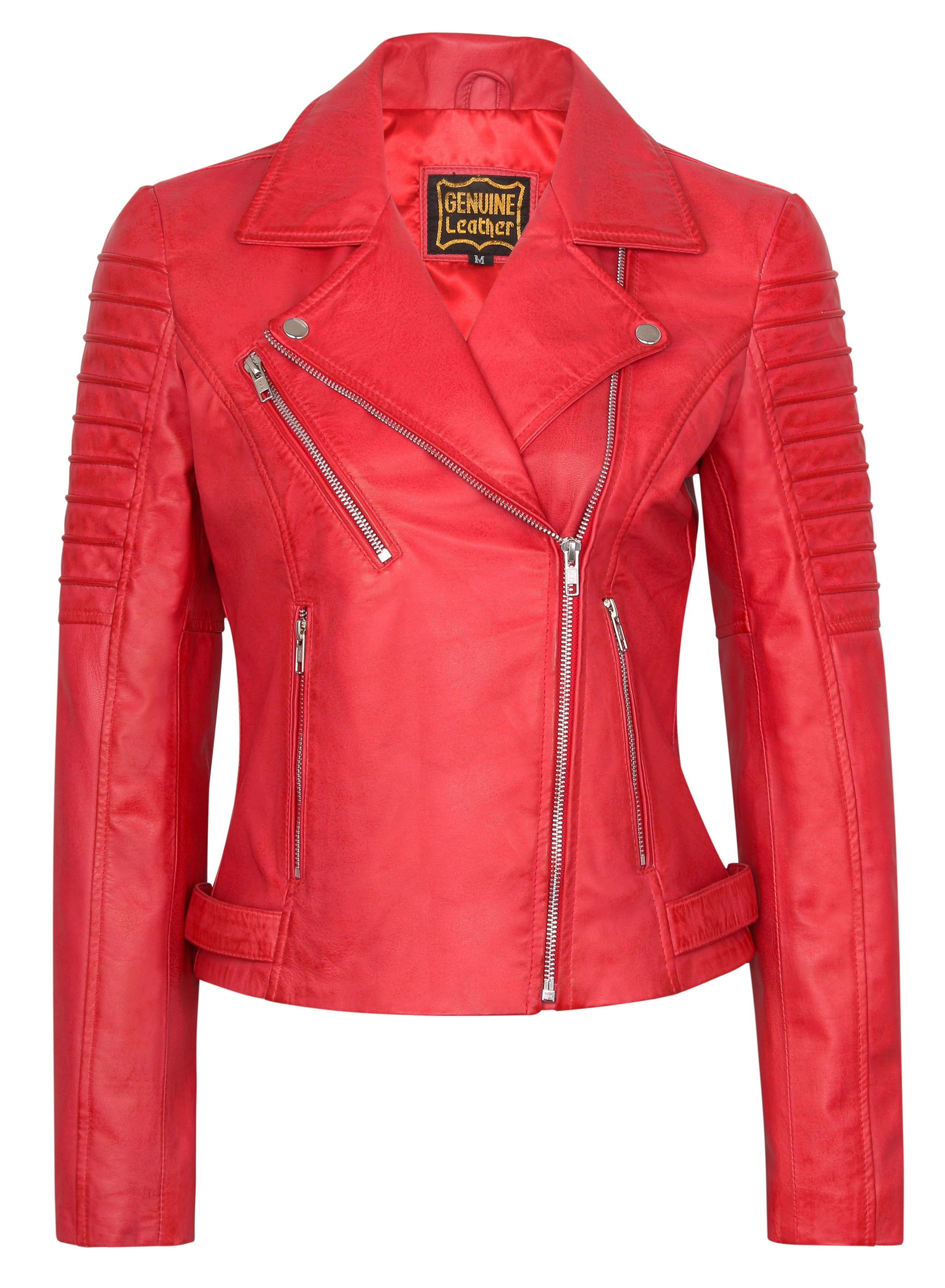 Ladies Cream Biker Style Fitted Real Lambskin Leather Jacket 