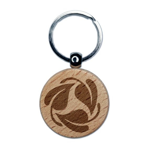 Three Leaves Circle Recycle Pattern Round Keychain Charm Tag - Engraved Wood