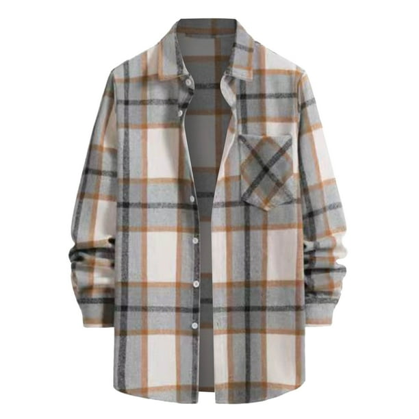 Camisas Para Hombre Manga Larga Camisa de solapa de manga larga a cuadros holgada a la moda cómoda para hombre (White, S)