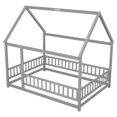 thumbnail image 6 of Full Size Floor Bed Frame Toddler with Roof and Full Length Safety Guardrails, Sturdy Pine Wood House Shaped Floor Bed Frame for Kids, Montessori Style Low Profile Bed Frame, Easy Assembly, Grey, 6 of 9