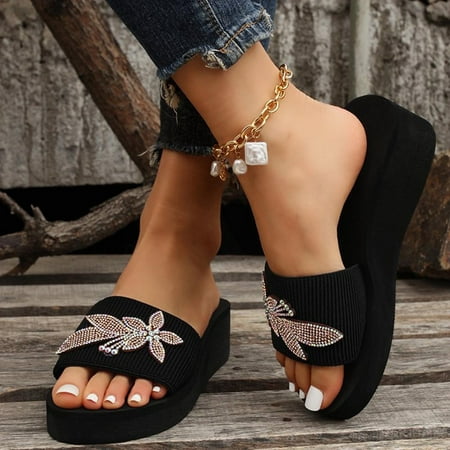 

KBODIU Womens Sandals Mothers Day Gifts Casual Open Toe Slippers with Flowers Wedge Platform Sandals for Women Dressy Summer Black 42