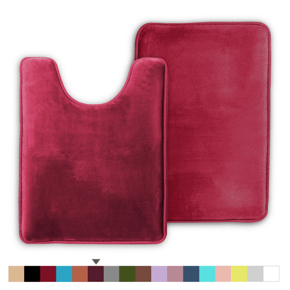 ComfiTime 2 Piece Bathroom Rugs Set – Thick Memory Foam, Non-Slip Bath Mat, Soft Plush Velvet Top, Ultra Absorbent, Small, Large & Long Rugs for Bathroom Floor, Burgundy, 17*24 & Contour Rug