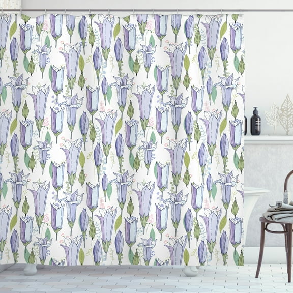 Floral Shower Curtain, Image of Repetitive Wild Bluebell Flowers and Leaves on Backdrop, Fabric Bathroom Set with Hooks, 69W X 84L Inches Extra Long, White Pastel Purple and Khaki, by Ambesonne