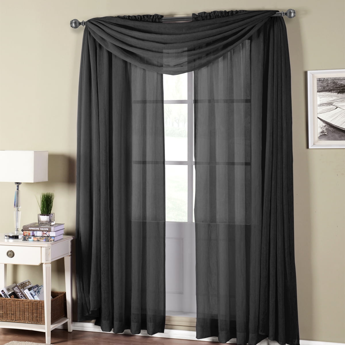 Abri Rod Pocket Crushed Sheer Curtain Panels ( Panels & Scarfs Sold Individually )- 50x96 - Black