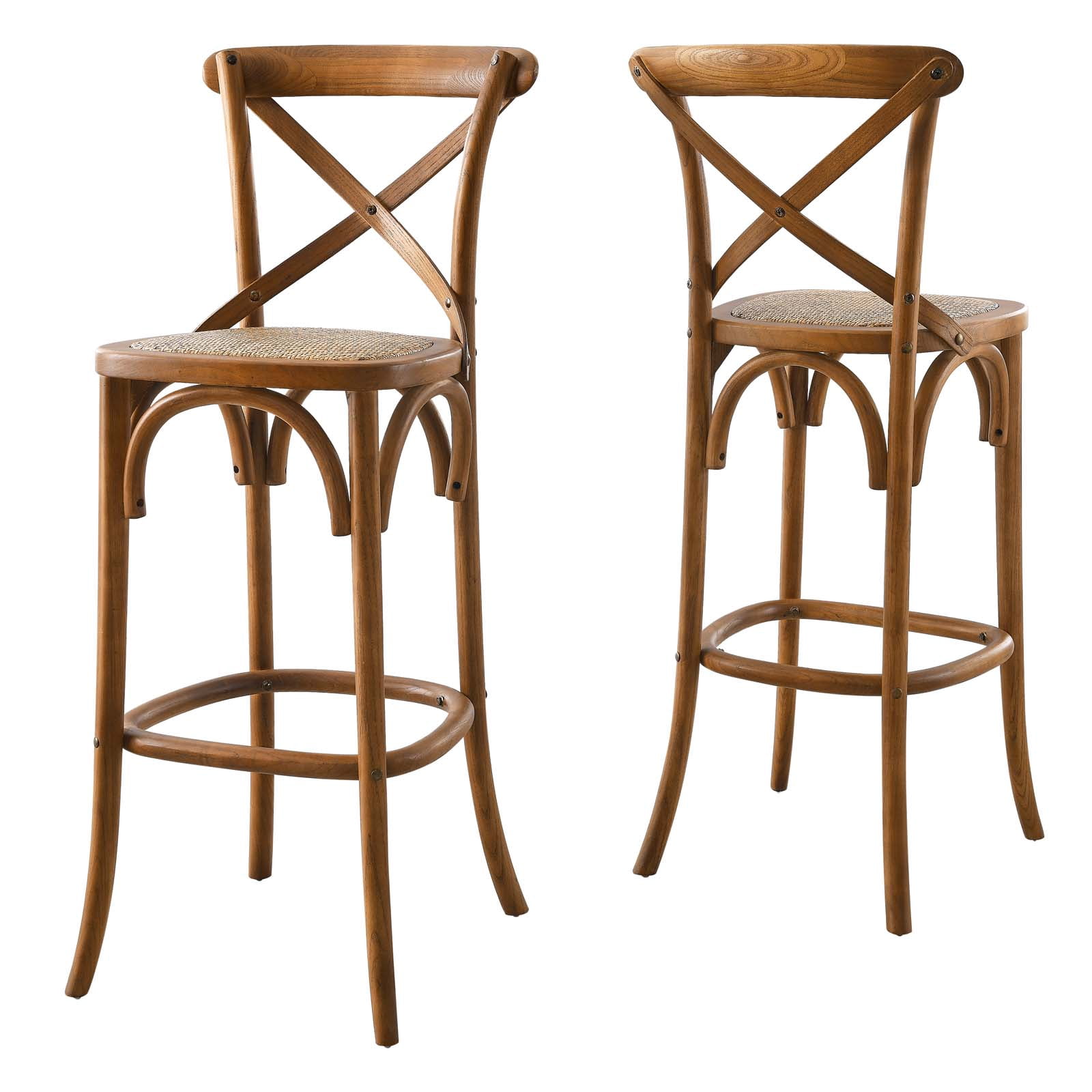 Modway Gear 43.5" Modern Style Rattan and Elm Wood Bar Stool in Walnut Finish