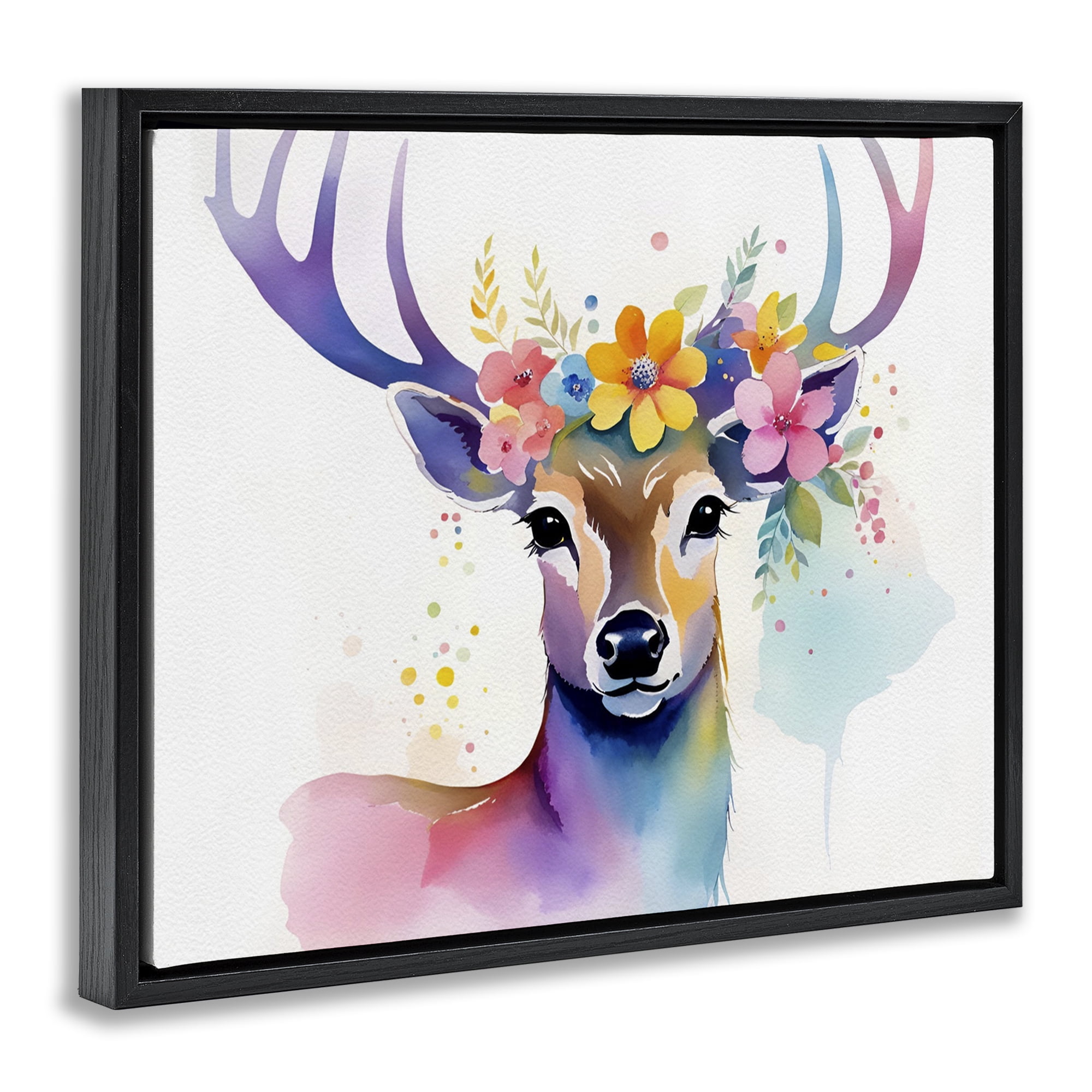 Stupell Industries Floral Garland Deer Animals & Insects Painting Black Floater Framed Canvas Art Print Wall Art, 31 x 25