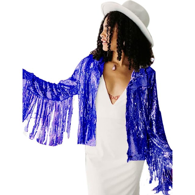 LinYooLi Veste à Paillettes à Franges pour Femmes, Manches Longues, Rétro, Réfléchissante