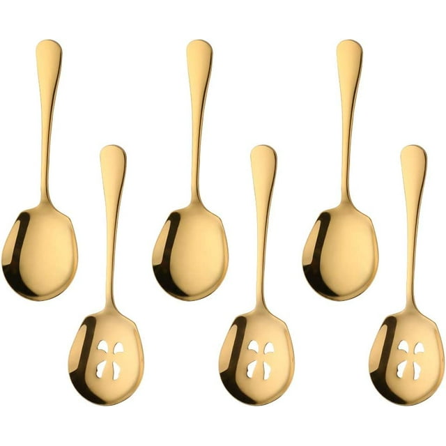 Meisha Serving Spoons Set, 3 Serving Spoons and 3 Slotted Serving Spoons, Matte Gold Stainless Steel Serving Utensils for Buffet Can Banquet Cooking Kitchen - Mirror Polished