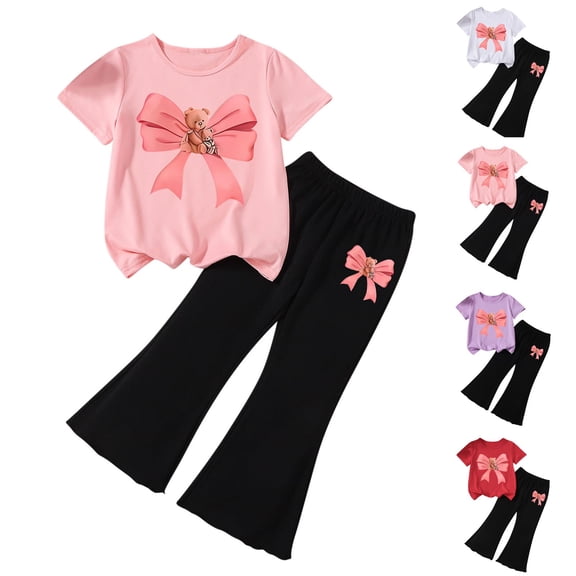 Eltusu Girls Outfit Sets, Short Sleeve Bow Graphic Flare Legs T-Shirts with Sweatpants Sets Pink Size 2-8 T