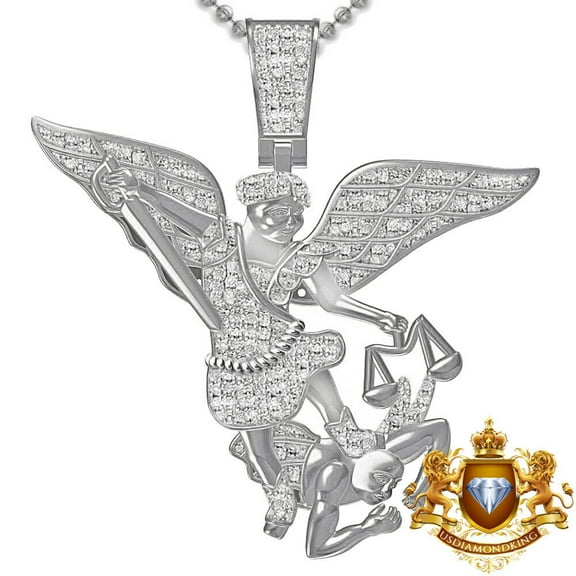 Real Genuine Diamond 0.60 Cwt. Saint Michael The Archangel Pendent Charm Chain Over White Gold