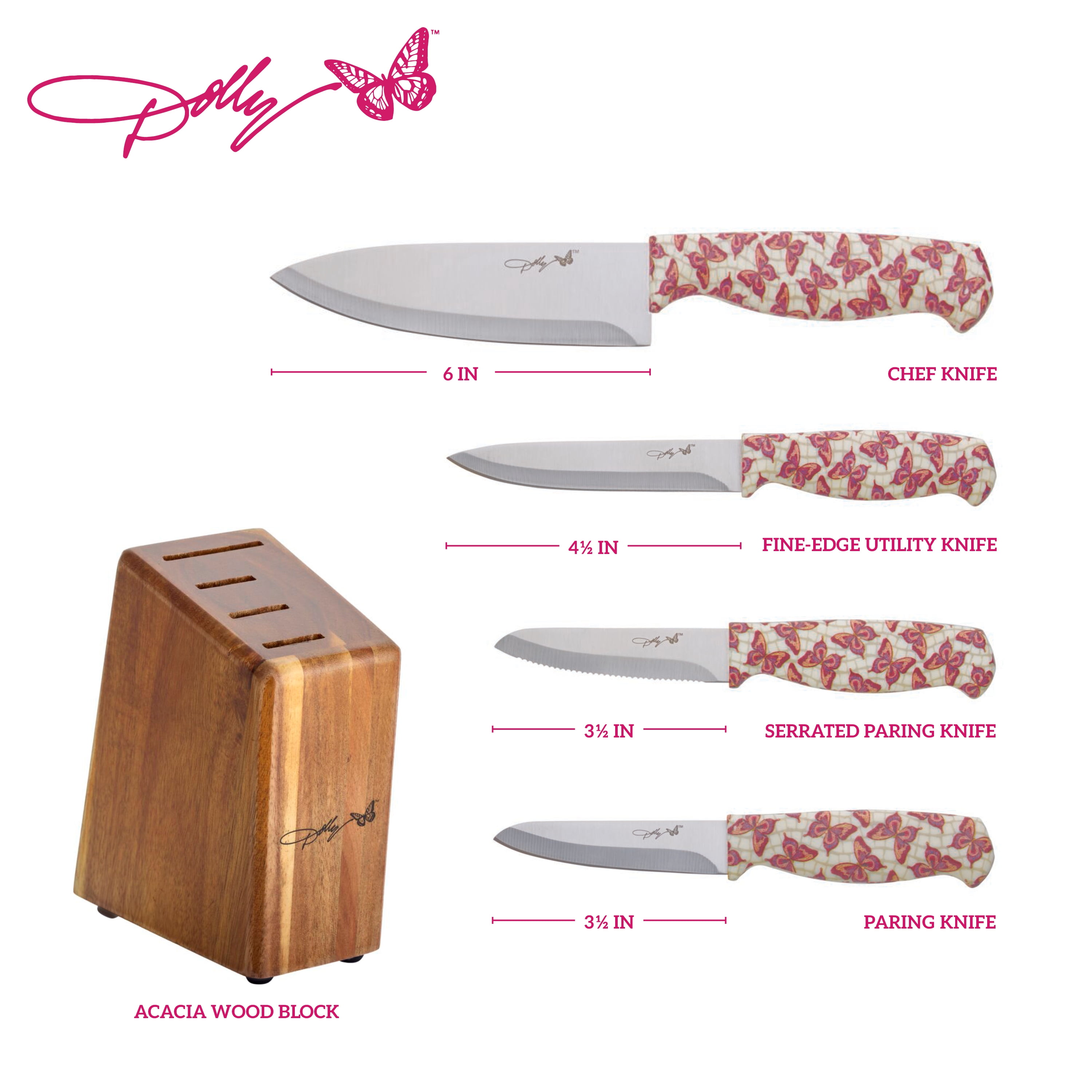 Dolly Parton 5-Piece Pink Cutlery Block Set with Essential Kitchen Knives